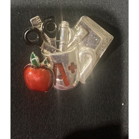 Silver Tone And Red Enamel Teacher Apple And Supples Brooch - Picture 2 of 4